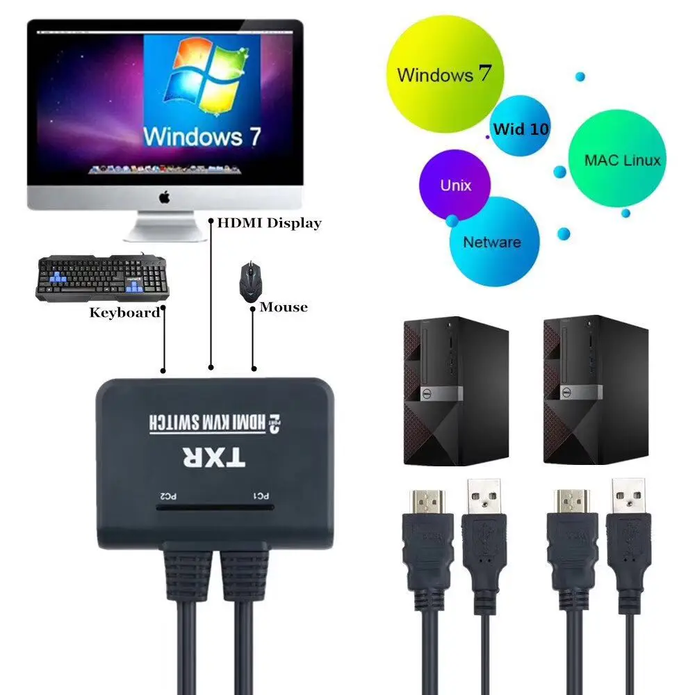 Ingelon HDMI KVM коммутатор с кабелем 2 порта USB для монитора клавиатуры мыши Настольный контроллер для ноутбука ТВ проектор