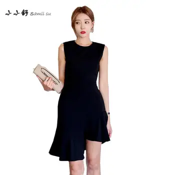 

Small Su Summer Womens Black Mini Dresses Oneck Sleeveless Bandage Sexy Party Ruffles Asymmetrical Sundress 2017 Vestidos Mujer