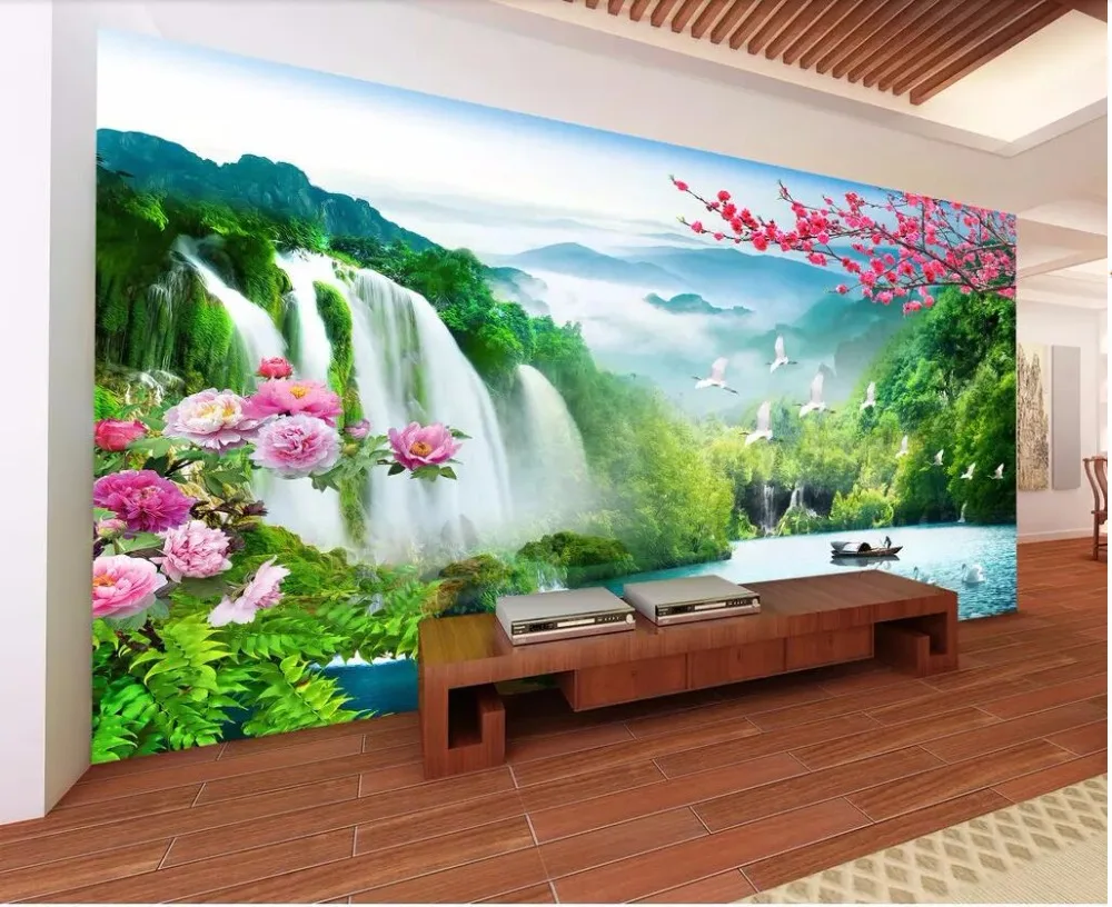 

Custom mural photo 3d wallpaper Mountain waterfall lake flowers living room painting 3d wall murals wallpaper for walls 3 d