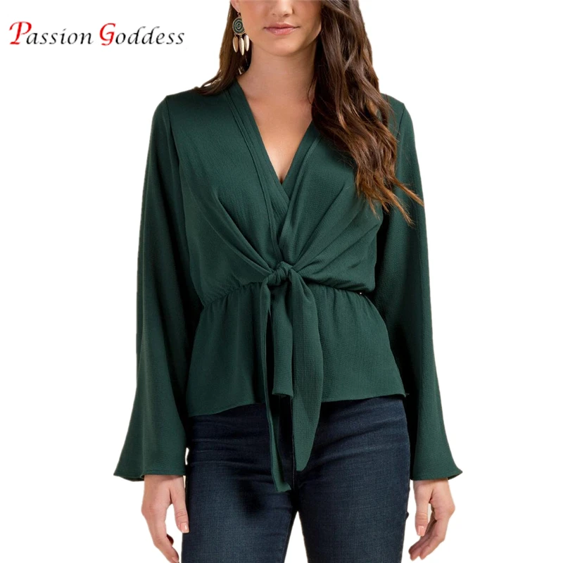 

Spring Summer Women Plus Size Casual Chiffon Blouse Shirt V Neck Long Flare Sleeve Sashes Solid Ladies Blouses and Shirts Tops