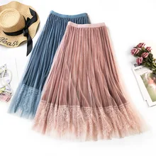Осеннее и зимнее прибытие корейский стиль бархат сплайсинга тюль юбка Милая Фея трапециевидной формы дамы с кружевным краем