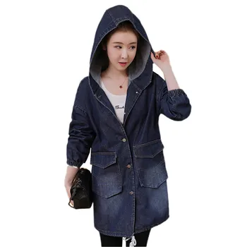 

Large Size Denim Jacket Spring Autumn Women Long Sleeve Mid Long Denim Coats Casual Single Breasted Ladies Hooded Outwear JIA87