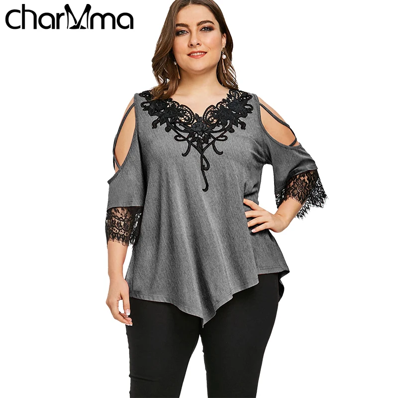 

Plus Size Appliqued V Neck Cold Shoulder T-Shirt Women 2018 Summer Lace Long T Shirt Ladies Tops Tees Big Size 5XL Clothing