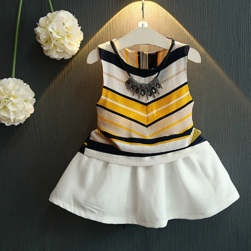 

Girl Summer Clothing sets Sleeveless Striped Tops Skirt Two Pieces Yellow Fashion Pattern design for Girls age 2 3 4 5 6 7 Years