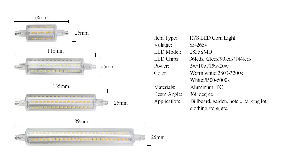 Светодиодный светильник R7S с регулируемой яркостью, 5 Вт, 10 Вт, 15 Вт, 20 Вт, r7s, светодиодный светильник 78 мм, 118 мм, 135 мм, 189 мм, 2835 мм, Точечный светильник, сменный галогенный светильник