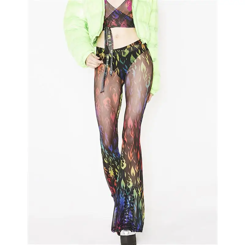 

Flame Print Mesh Black Sexy Flare Pants Streetwear High Waist Bell Bottom Pants Summer Fashion 2019 Trousers