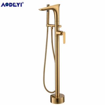 

Freestanding Bath Spout Shower Floor Mount Brass Shower set Mixer Valve 2 Function Brushed Gold Bathtub Filler Mixer Taps