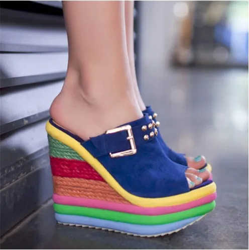

OLOMMSandalias Plataforma Summer Shoes Woman Rainbow High Heel Slip On Peep Toe Platform Wedges Sandals wedges shoes for women