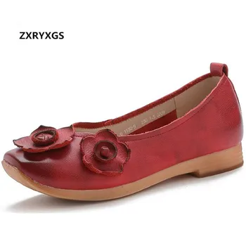 

2019 New Spring Flowers Shallow Mouth Square Head Genuine Leather Shoes Flat Shoes Casual Soft Comfort Fashion Shoes Women Flats