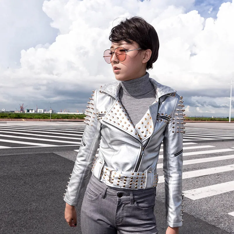 sliver jacket Корейские куртки в стиле панк с заклепками в стиле корейского панк, с коротким поясом, тонкое черное пальто из ПУ, винтажная куртка из искусственной кожи, большие размеры 78175 - Цвет: sliver jacket