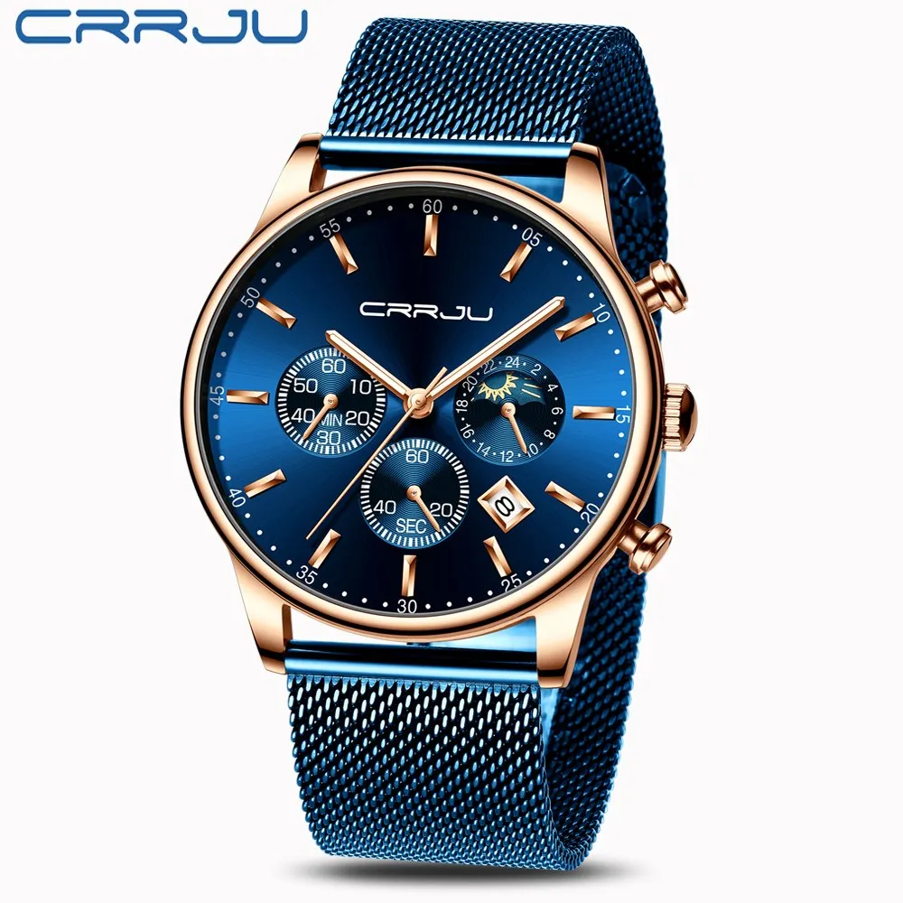 Relogio Masculino CRRJU Роскошные Кварцевые часы для мужчин синий циферблат спортивные