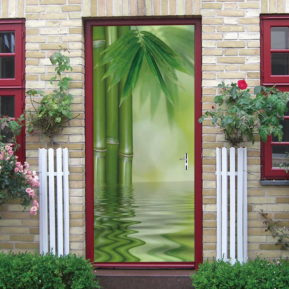 

77x200cm 3D Art Water Bamboo Door Sticker For Living Room Bedroom DIY PVC Self Adhesive Wallpaper Waterproof Mural Door Decals