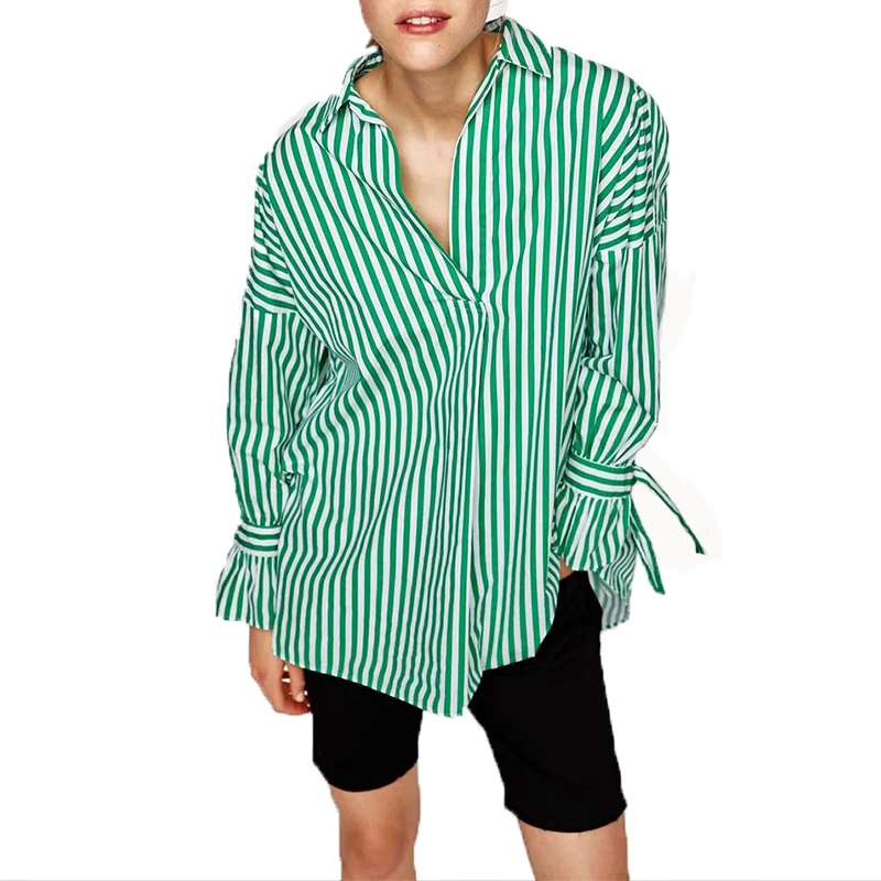 2017 Green White Striped Blouse Shirts 