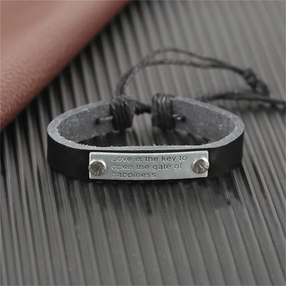 Stylish Black Brown Happiness Door Love Theme Charms Women Leather Bracelets Rope Chain Mother Gift Jewelry  (7)