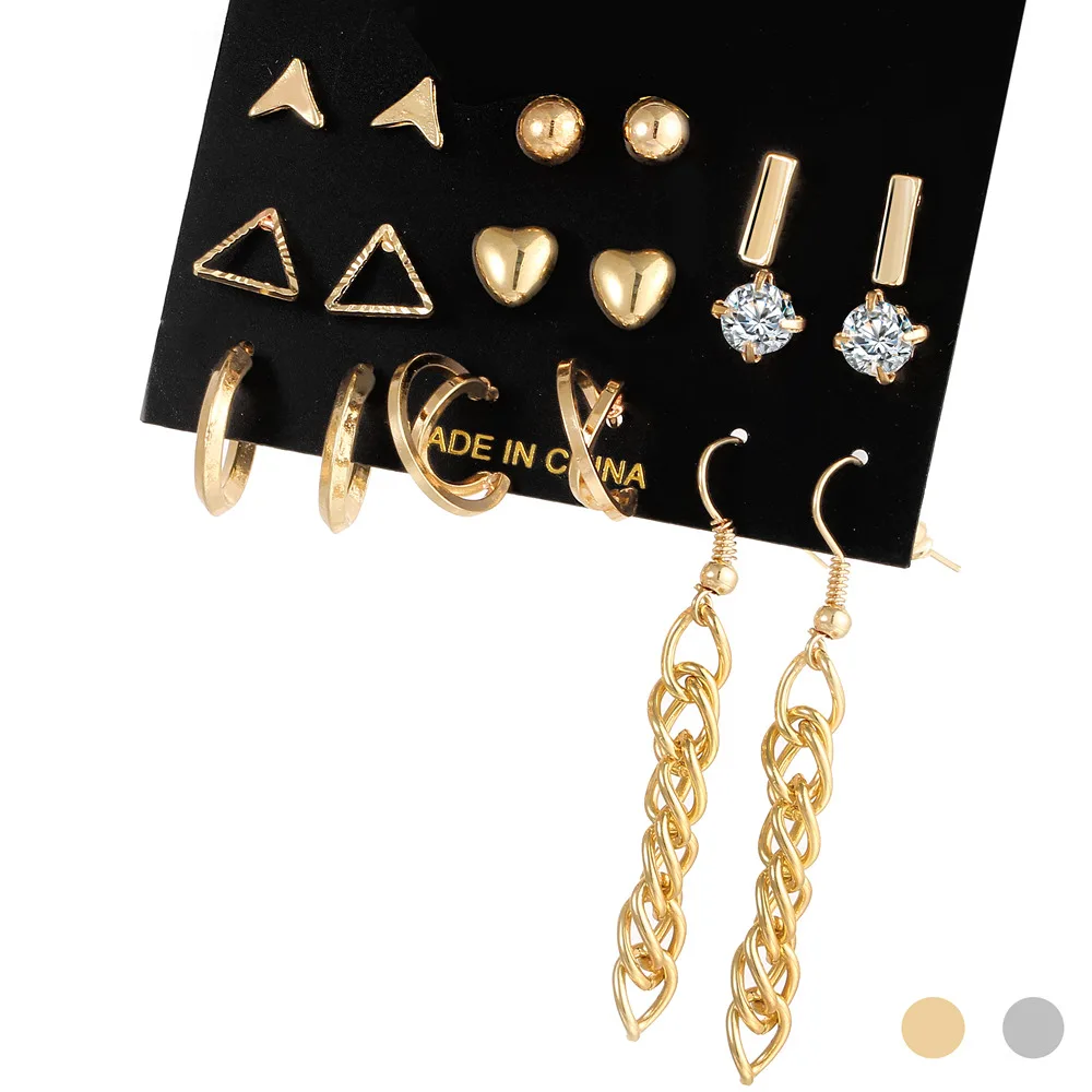 

IF YOU 9Pairs Crystal Heart Stud Earrings Set For Woman Gold Color Bead Simple Punk Brinco Earring Set Jewelry Christmas Gift