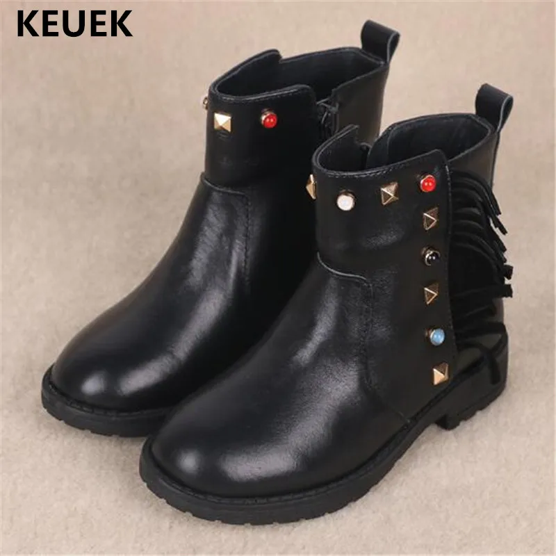 

New Children boots Girls Genuine Leather Ankle Boots Baby Princess Fringe Black Shoes Kids Snow Boots Plush Warm 041