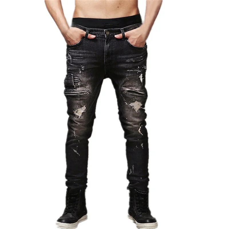 Men Ripped Biker Jeans Cotton Black Slim Fit Motorcycle Jeans Men Vintage Distressed Jeans Pants