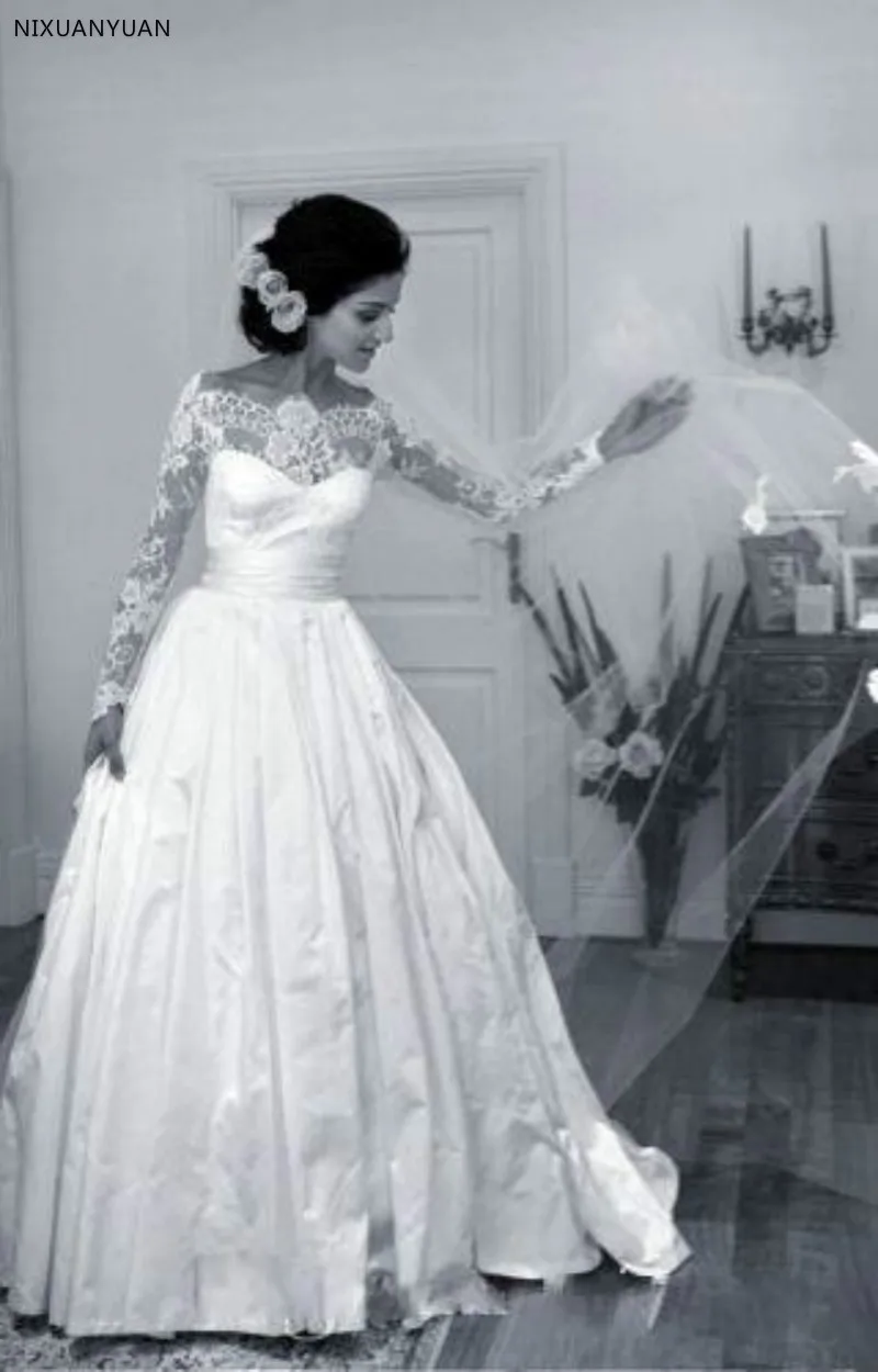 Vestido De Noiva Плюс Размеры 2019 элегантные свадебные платья с длинным рукавом с плеча тюль с кружевами аппликацией белое свадебное платье