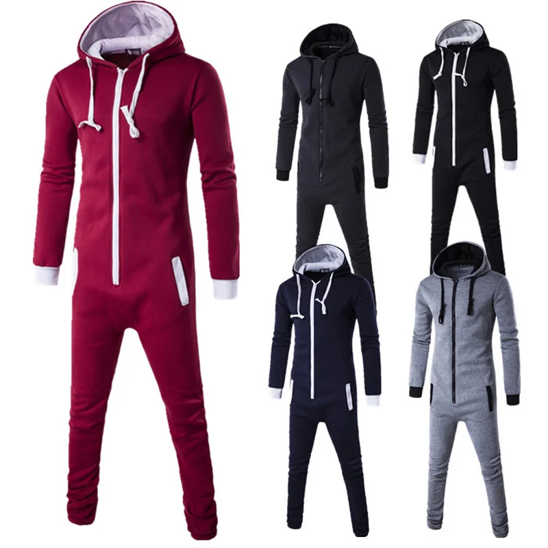 Autumn Men Jumpsuit Long Sleeve Hooded Playsuit Pockets Zip Up Rompers