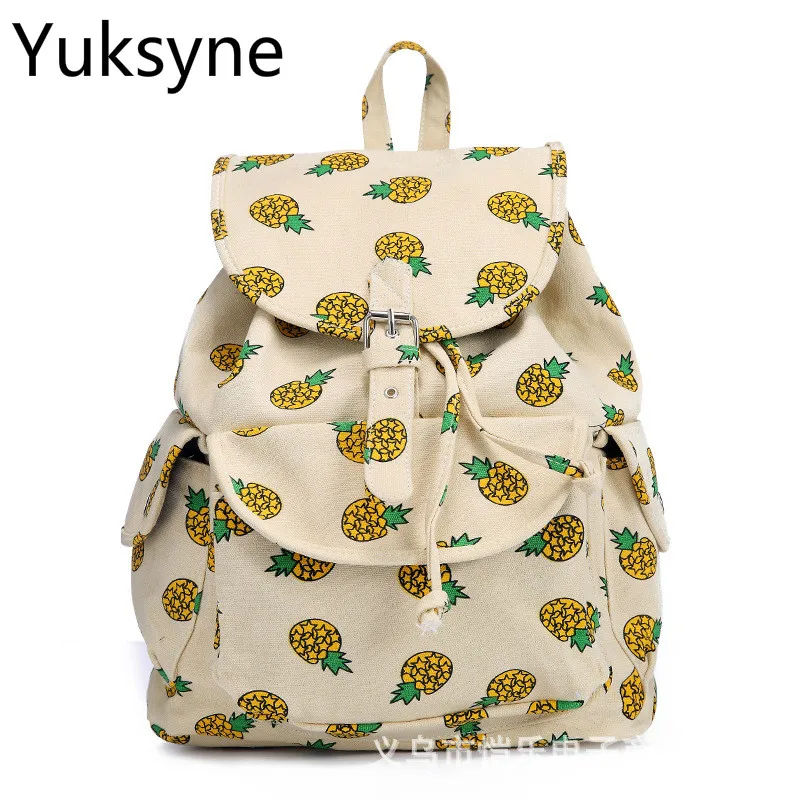 European Style Women Backpack Vintage Canvas Pineapple Printing Large Capacity School Backpack for Laptop and Notebook