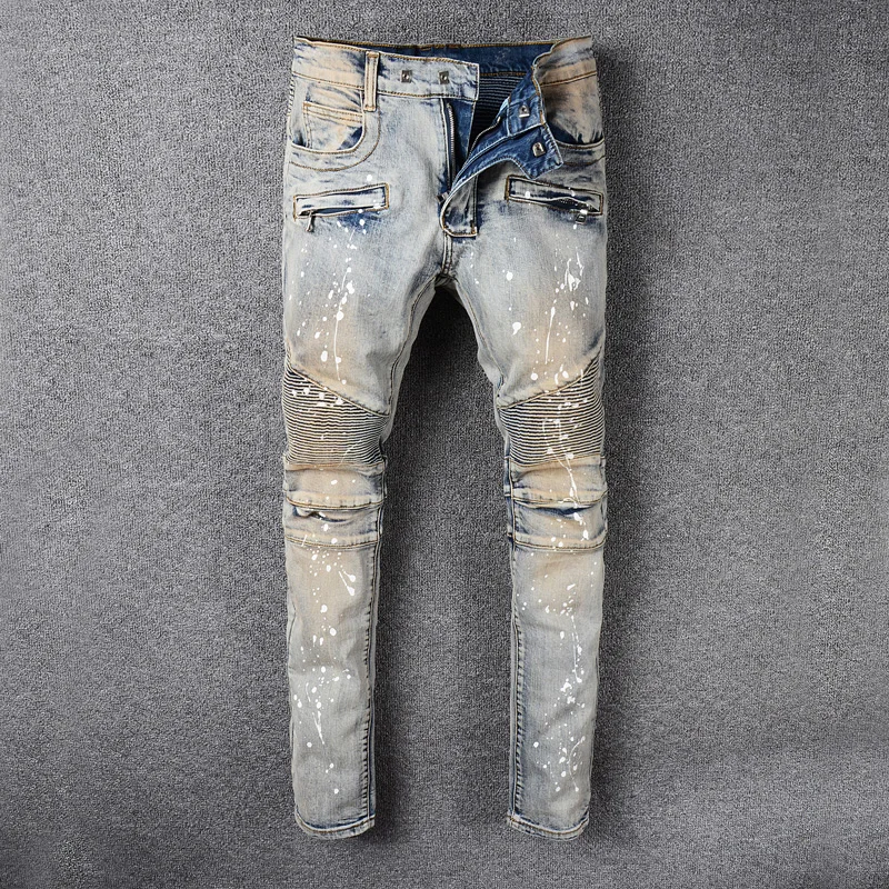 

High Street Fashion Men Jeans Retro Washed Paint Designer Slim Fit Spliced Denim Cargo Pants Streetwear Motor Biker Jeans Homme