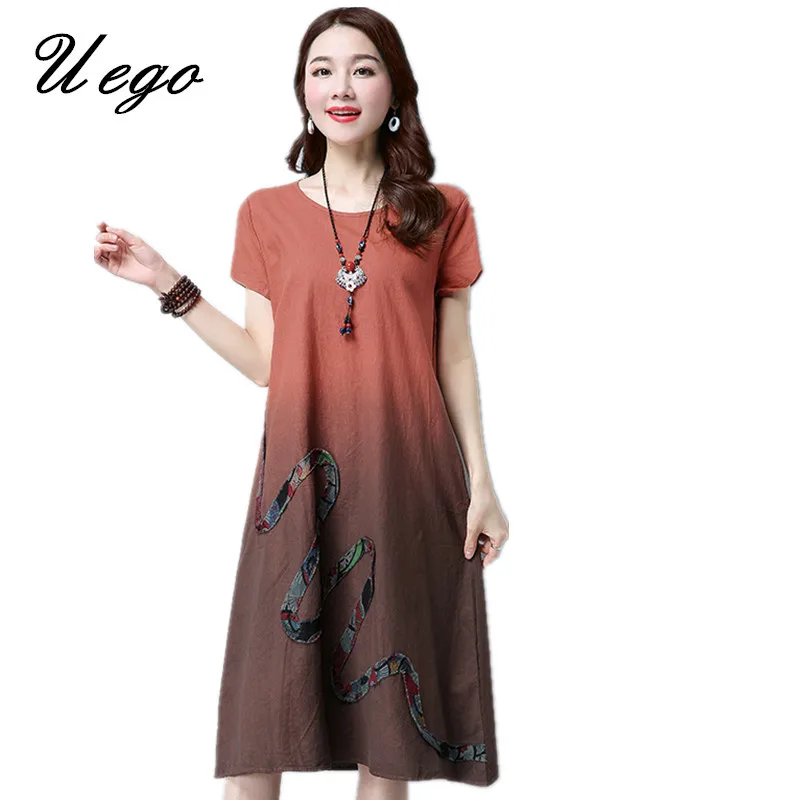 

Uego 2019 New Fashion Gradient Color Women Summer Dress Soft Cotton Linen Plus Size Loose Casual Vintage Party Vestidos Dress