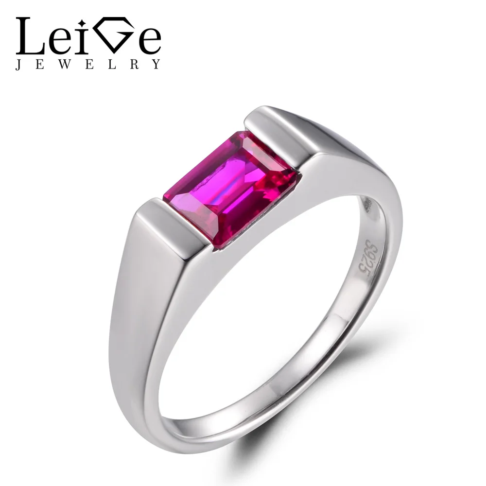 LeiGe Jewelry Red Ruby Rings Engagement Rings Emerald Cut Red Stone Rings July Birthstone 925 Sterling Silver Gifts for Women