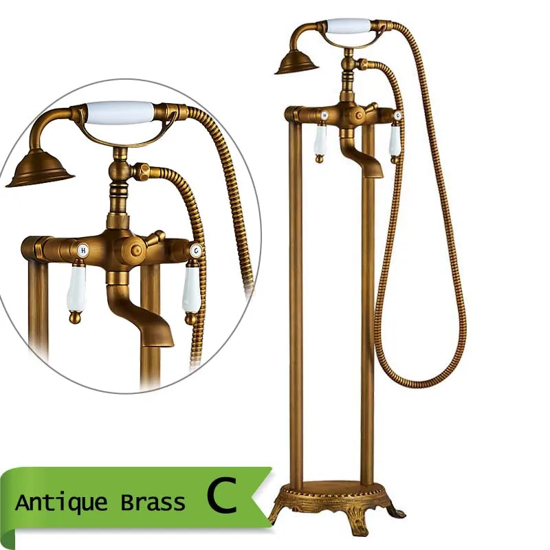 Античный латунный напольный кран для раковины с двойной ручкой для ванной, душевой набор, отдельно стоящий смеситель для ванной с ручным душа - Цвет: Antique Brass C