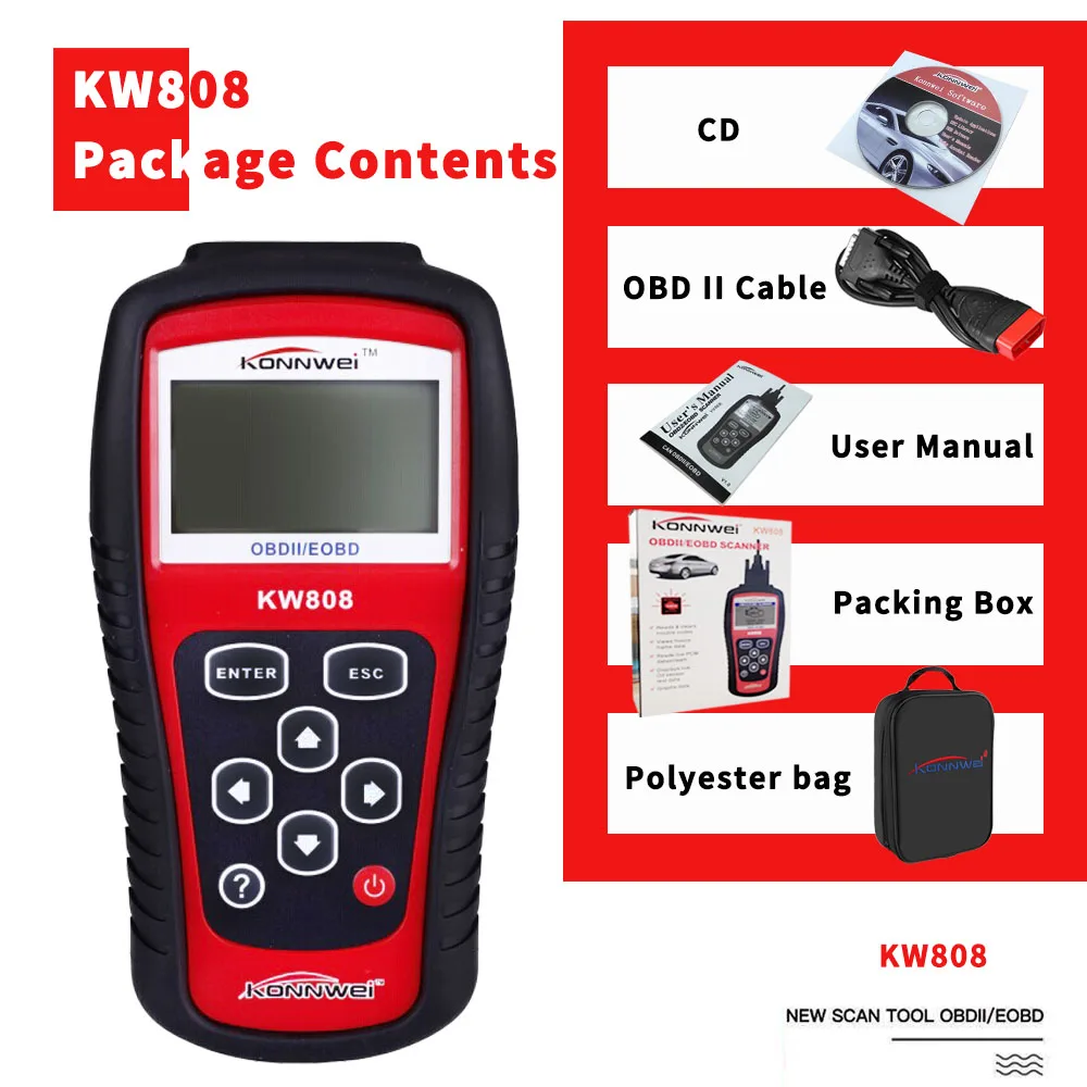 Konnwei KW808 Диагностика неисправностей автомобиля Obd2 инструмент диагностики детектор сканер декодера Авто программист Диагностика авто