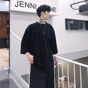 

Male Loose Tshirt Stage Clothing Men Velvet Shiny Short Sleeve T-shirt Streetwear Hip Hop Punk Tees Shirts