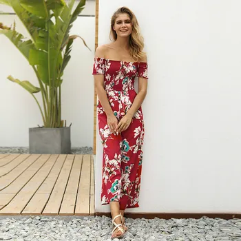 

Floral Print Off Shoulder Backless Jumpsuit Girls Summer High Waist Wide Leg Vintage Beachwear Holiday Loose Women Red Jump Suit