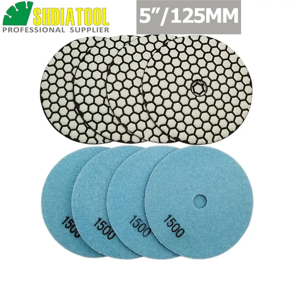 SHDIATOOL 8pcs 5" Grit #1500 B Diamond dry polishing pads 125mm Sanding Disc For Granite Marble Stone Polisher Pad