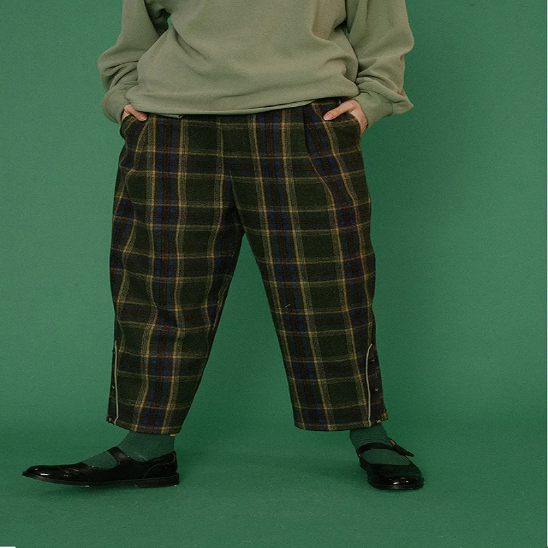 

2019 Design Plaid High Waist Women Spring Ankle-length Pants Trousers Casual Straight Pants Button Decoration Panda Embroidery