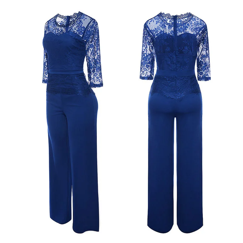 OL модный кружевной комбинезон лоскутный женский комбинезон элегантное сексуальное платье для вечеринки тонкие широкие длинные брюки однотонный комбинезон XXL - Цвет: Синий