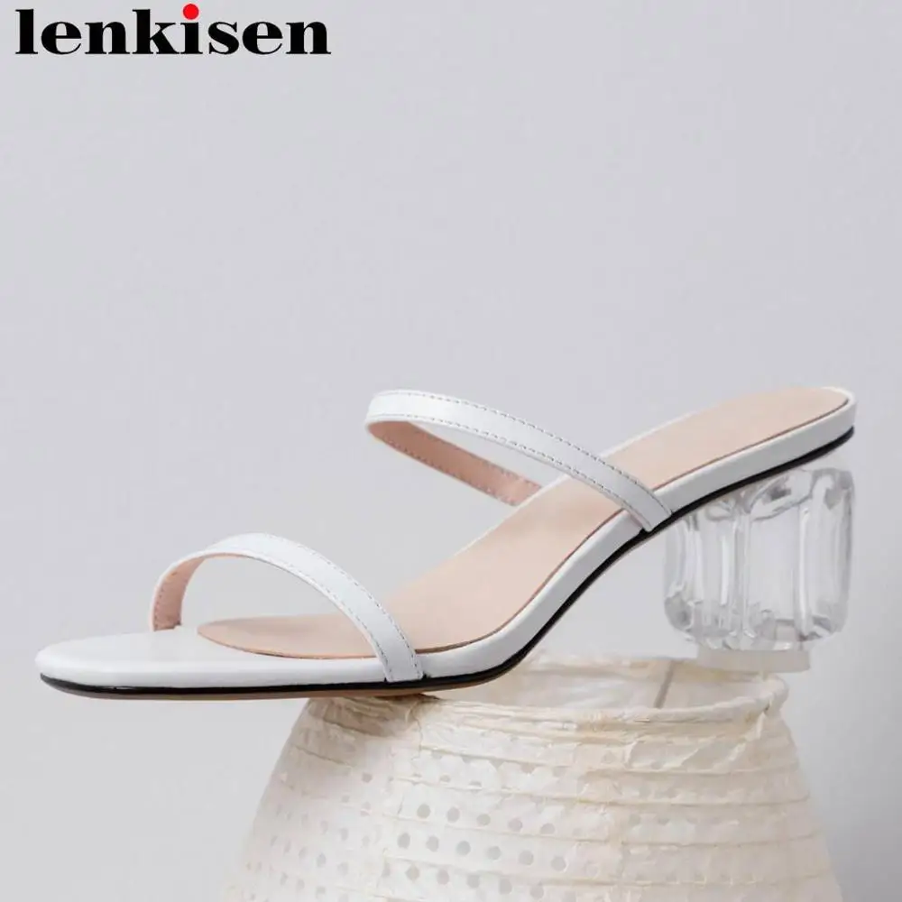

Lenkisen concise design plus size crystal high heels slip on mules peep toe full grain leather runway nightclub sexy sandals L66