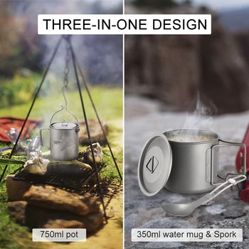 

Lixada Camping Tableware Titanium 750ml Pot 420ml Water Cup Mug with Lid Handle Folding Spork for Camping Picnic Backpacking