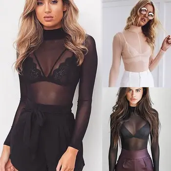 

Hot Women Sheer Mesh Fish Net Long Sleeve Turtle Neck See Through Top T-Shirt Fashion New Sexy nightclub Wear Stylish Tees