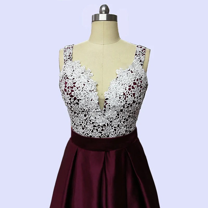 JIERUIZE White Lace Burgundy Cheap Evening Dresses Long 2018 V-neck A-line Formal Dresses Mother of the Bride Dressess
