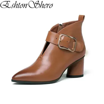 

EshtonShero Winter Shoes Woman Ankle Boots Genuine Leather+PU Black Round High Heel Zipper Ladies Motorcycle Boots Size 34-42