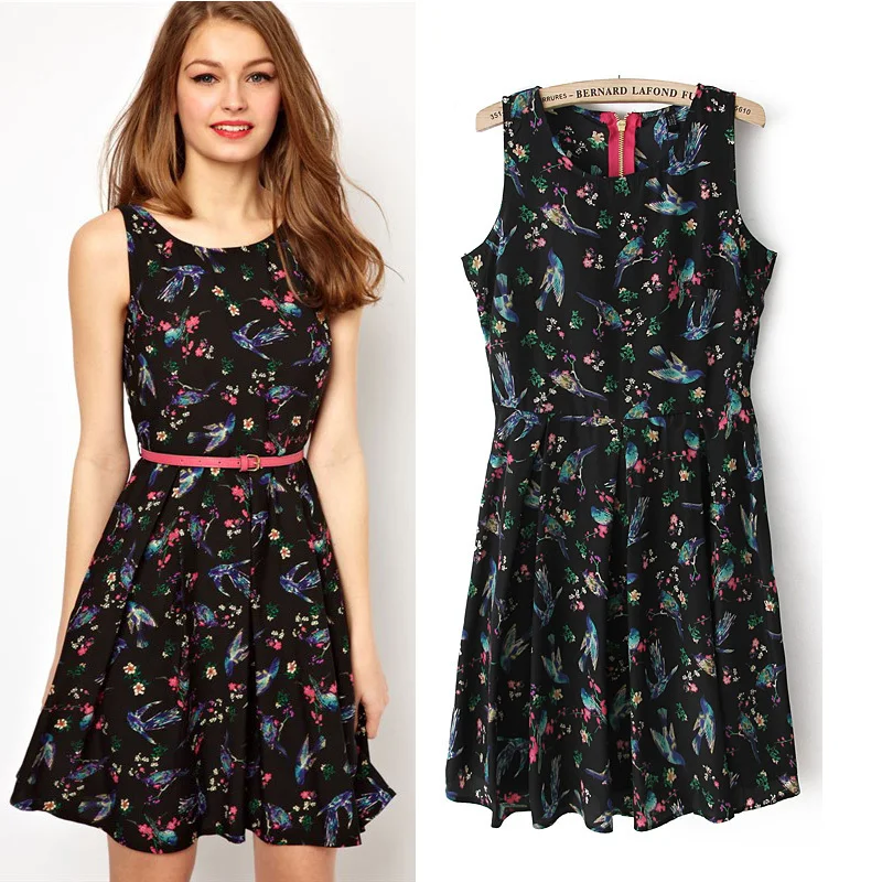 Wholesale 2013 summer women's European and American models with birds animal print pattern sleeveless vest dress belt | Женская