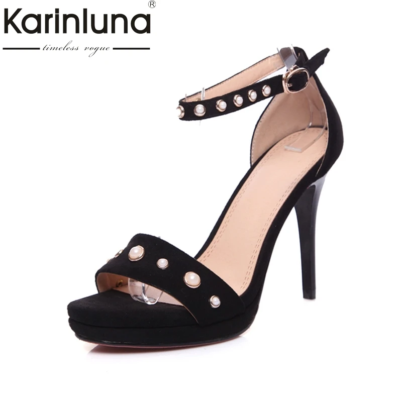 

Karinluna 2018 Genuine Leather Large Size 33-42 Women Sandals Thin High Heels Buckle Strap Shoes Woman Kid Suede Woman Shoes