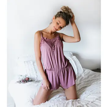 

New Brand Women's Holiday Pure Color Sleeveless Lacework V Neck Strap Mini Playsuits Ladies Summer Shorts Jumpsuit Beachwear