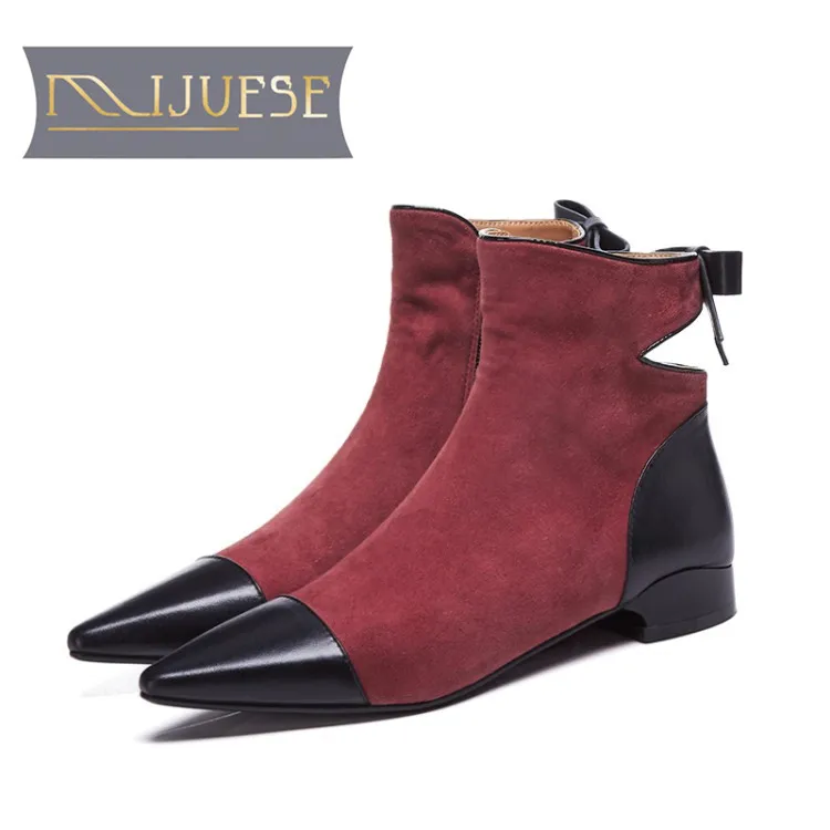 

MLJUESE 2018 women ankle boots Kid suede zippers mixed colors pointed toe autumn spring sheepskin low heel female boots