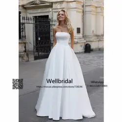 Простой 2017 Новое Прибытие Свадебное Платье с Бисером vestidos де novia-Line Свадебное Платье Без Бретелек Атласная Свадебное Платье