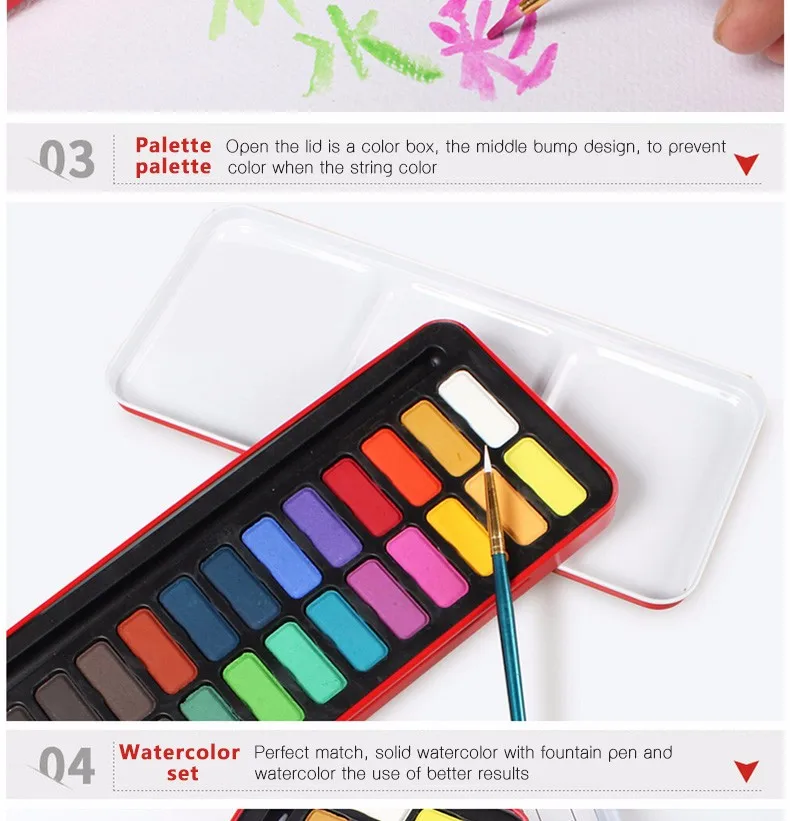 Bianyo Colors Tin Box Watercolor Paints Brush Set Student Sketch Painting Non-toxic Stationery Art
