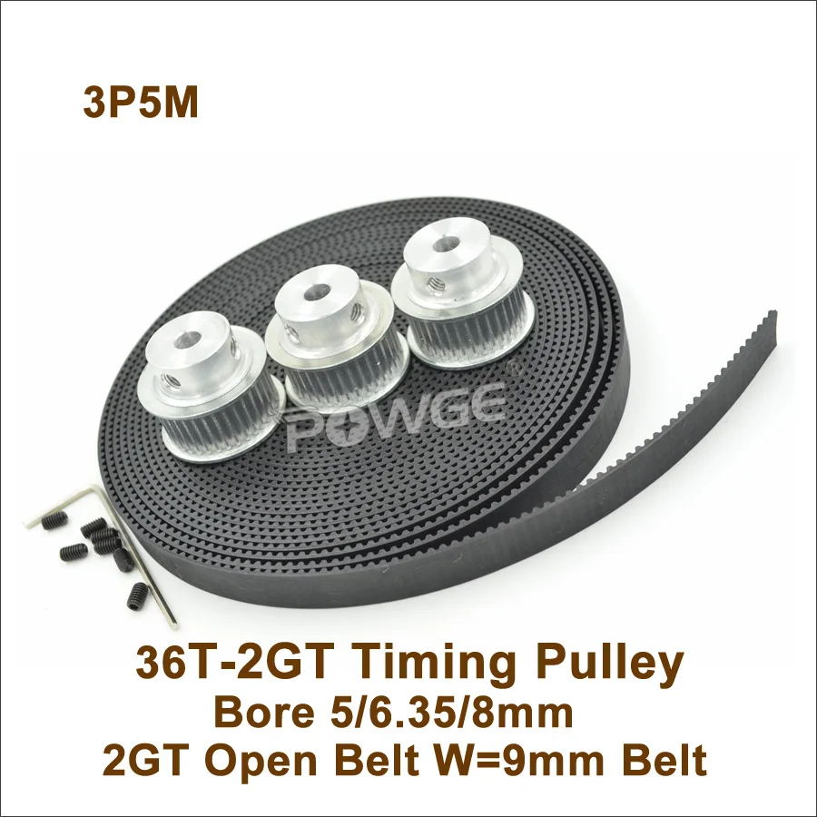3pcs 36 Teeth 2GT Timing Pulley Bore 5/6.35/8mm + 5M GT2 Timing Belt