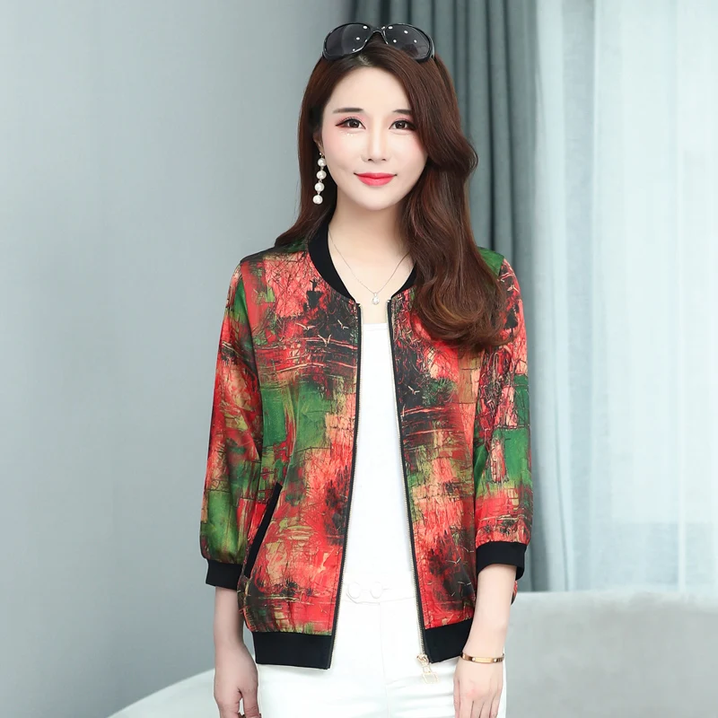 

new Spring and summer woman silk cloud jacket woman nine-point sleeve baseball uniform women's printed coat plus size S-5XL
