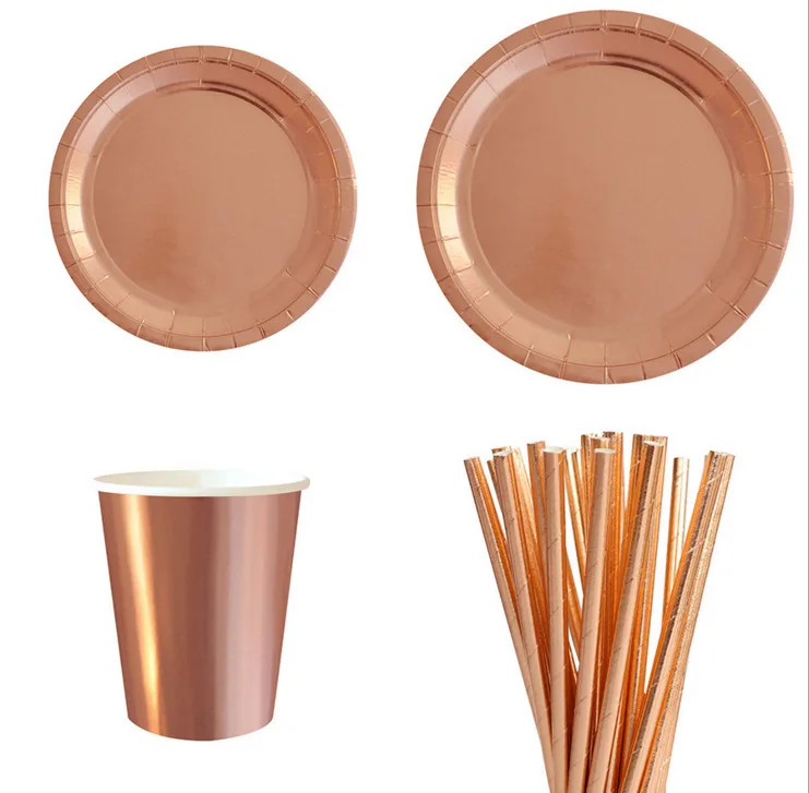 

Disposable Rose Tableware Birthday Wedding Party Supplies Paper Straws Plates Cups Cake edge Christmas New Year Party Tableware