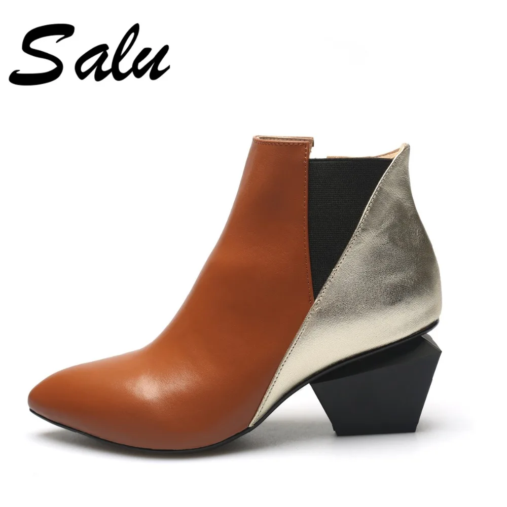 

Salu 2019 new High Quality Patchwork Genuine Leather Suede Ankle Boots Sexy Pointed Toe Female Shoes Woman boots