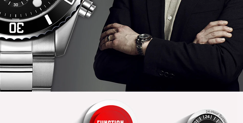SINOBI сталь часы для мужчин черный поворотный Мода Бизнес Saat хронограф кварцевые спортивные часы Relogio Masculino
